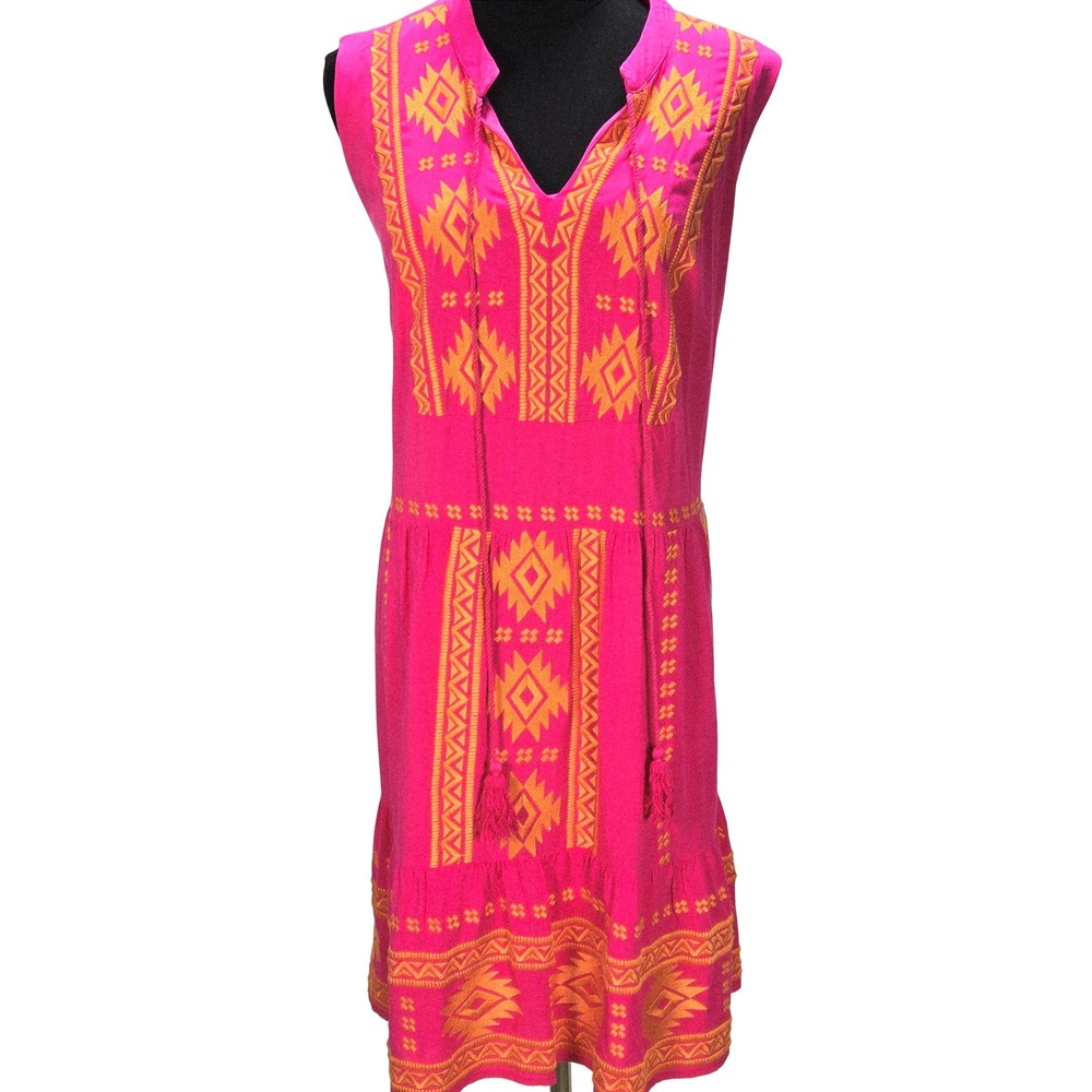 Women's Savanna Jane Size 1X Pink Embroidered‎ Midi Dress Sleeveless Boho Tassel